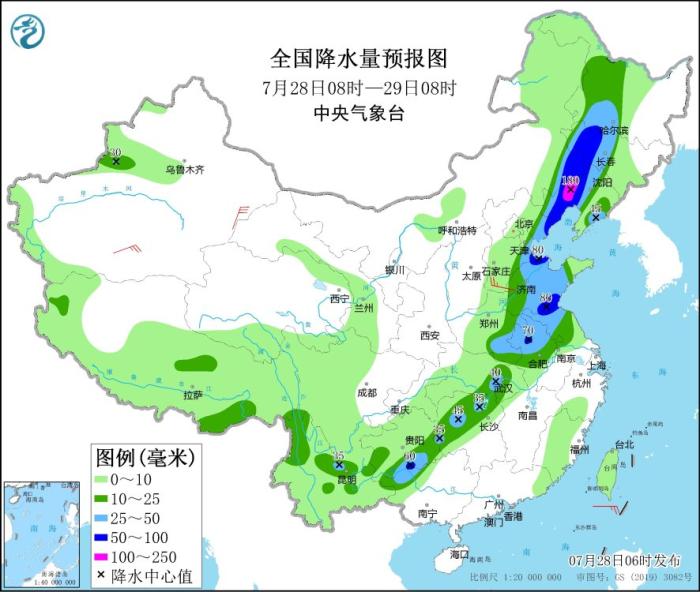 圖3 全國降水量預報圖(7月28日08時-29日08時)