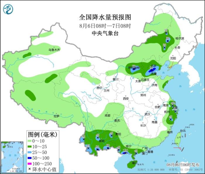 全國(guó)降水量預(yù)報(bào)圖(8月6日08時(shí)-7日08時(shí))