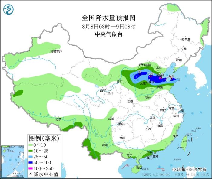 全國(guó)降水量預(yù)報(bào)圖(8月8日08時(shí)-9日08時(shí))