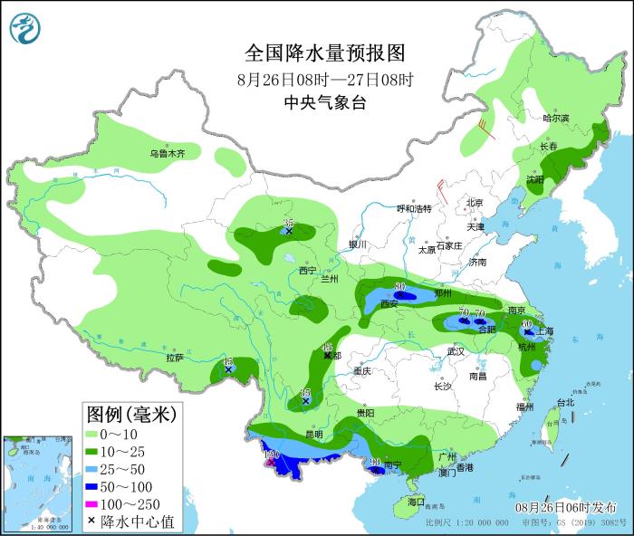 全國降水量預報圖(8月26日08時-27日08時)