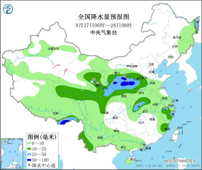 全國降水量預報圖(8月27日08時-28日08時)