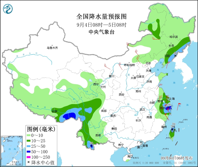 全國降水量預報圖(9月4日08時-5日08時)