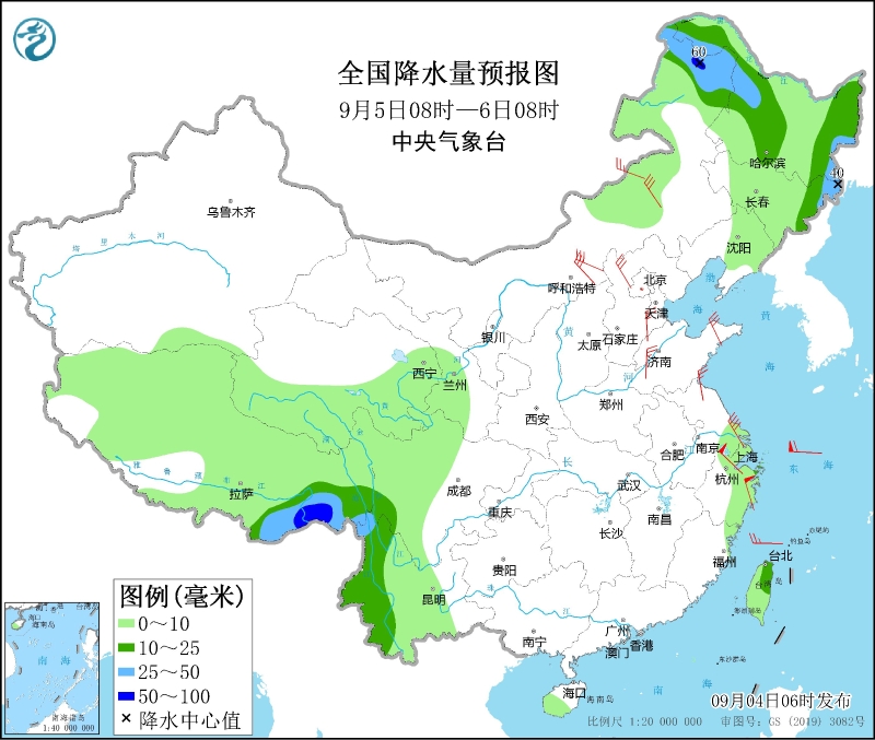 全國降水量預報圖(9月5日08時-6日08時)