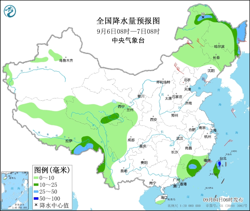 全國降水量預報圖(9月6日08時-7日08時)