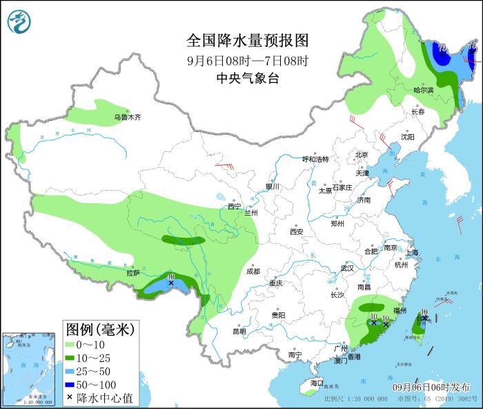 圖1 全國降水量預(yù)報圖(9月6日08時-7日08時)