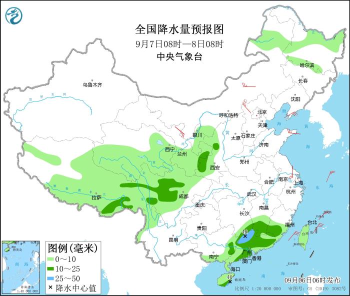 圖2 全國降水量預(yù)報圖(9月7日08時-8日08時)