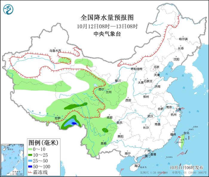 全國(guó)降水量預(yù)報(bào)圖(10月12日08時(shí)-13日08時(shí))