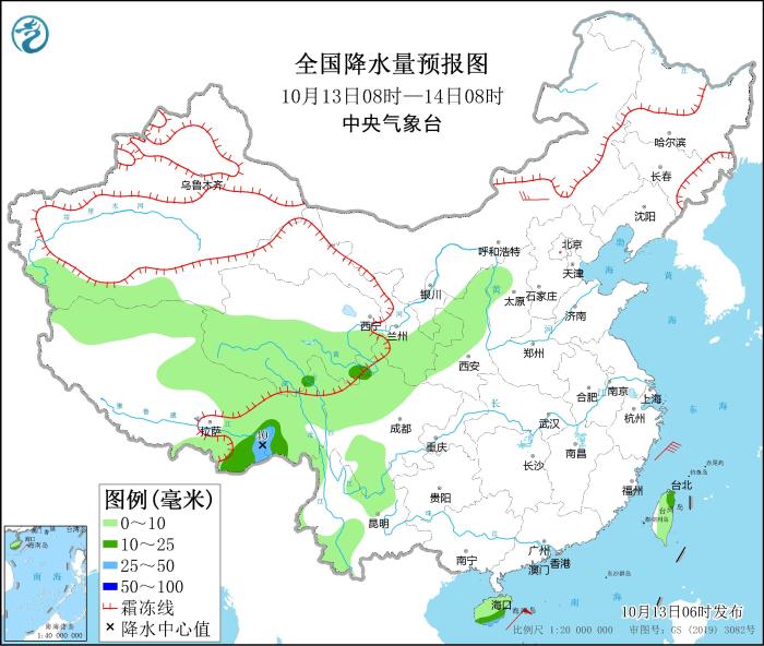 全國降水量預(yù)報(bào)圖(10月13日08時(shí)-14日08時(shí))