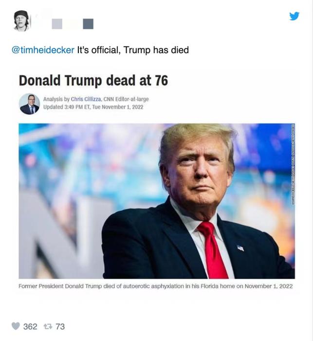 推特網(wǎng)友制作的“特朗普死了”CNN假報(bào)道截圖。