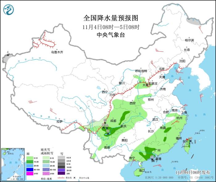 全國降水量預(yù)報(bào)圖(11月4日08時-5日08時)