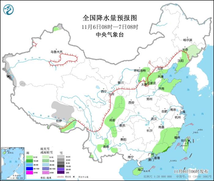 全國降水量預(yù)報(bào)圖(11月6日08時-7日08時)