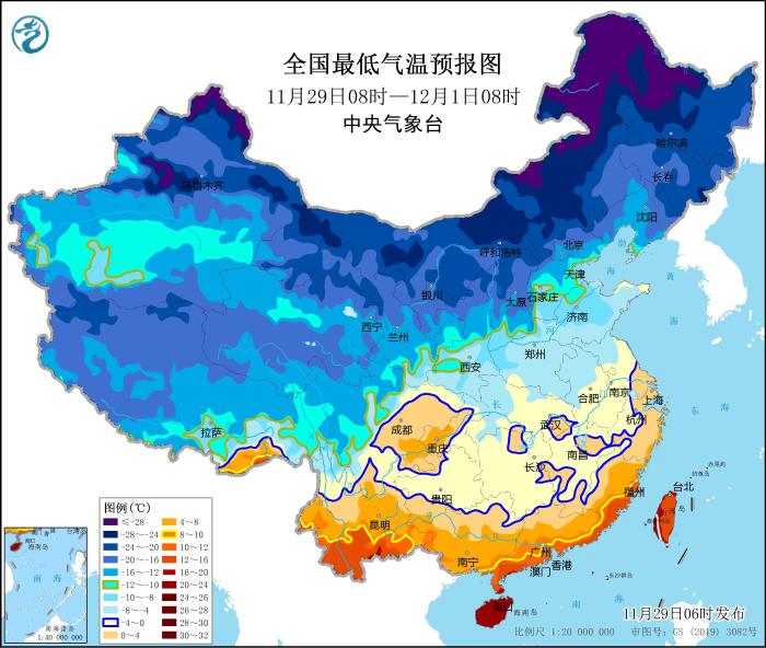 圖2 全國最低氣溫預(yù)報(bào)圖(11月29日08時(shí)-12月1日08時(shí))