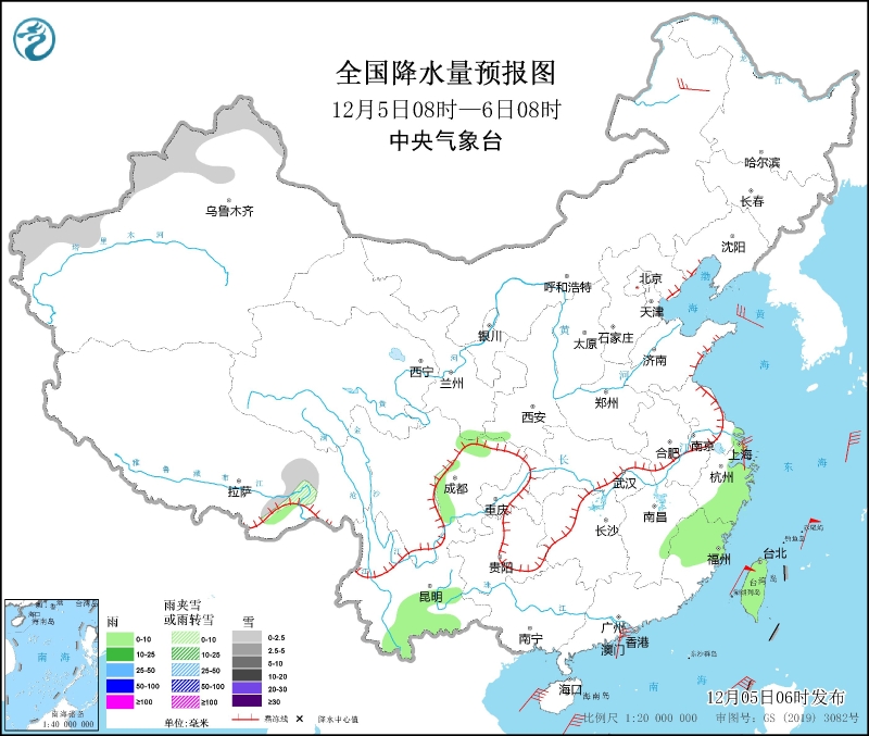 　　全國(guó)降水量預(yù)報(bào)圖(12月5日08時(shí)-6日08時(shí))