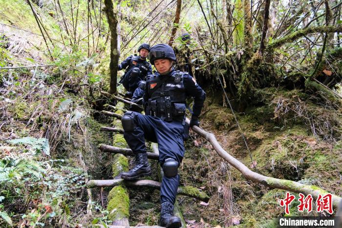 4月9日，拉郊邊境派出所移民管理警察在邊境地區(qū)原始森林進(jìn)行戍邊巡邏。　江飛波 攝