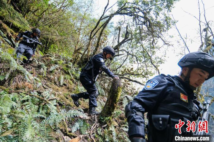 4月9日，拉郊邊境派出所移民管理警察在邊境地區(qū)原始森林進(jìn)行戍邊巡邏?！〗w波 攝