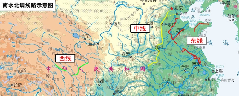 南水北調(diào)線(xiàn)路示意圖。（圖源：水利部網(wǎng)站）